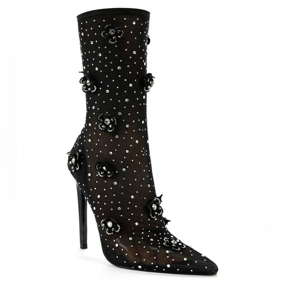 Azalea Wang Smarlowe Floral Appliqued Sheer Mesh Mid Calf Booties | Size 8 - Picture 3 of 14